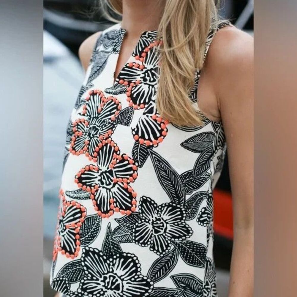 J Crew Polynesian Floral Notched Shell Top Women 4 Black Orange Beaded Preppy